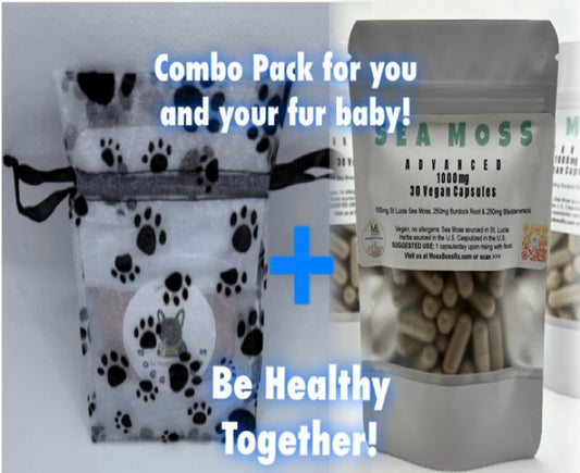 DOGGYMOSS DUO PACK for Human and Fur Baby. Be Healthy Together. 💕 This pack includes our Sea Moss 1000 mg capsules for you and our DoggyMoss for your Fur Baby 🐶. USE CODE PUPPYLOVE FOR $10 OFF!