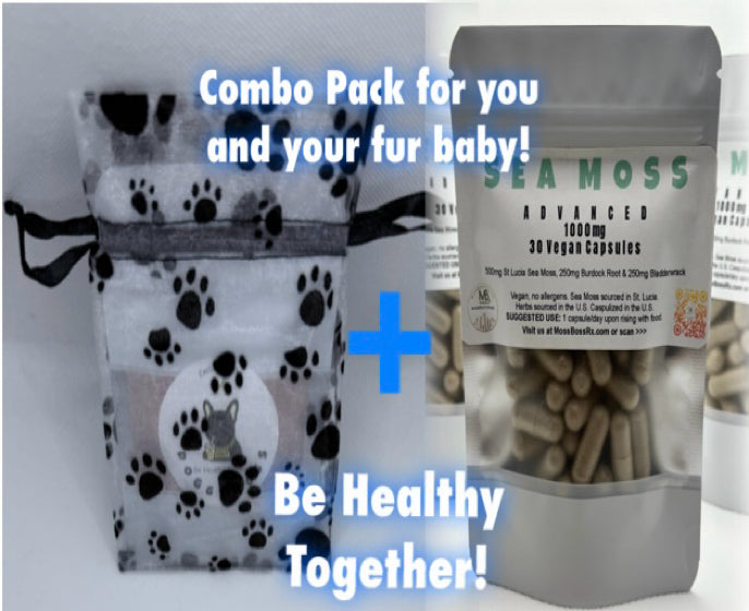 DOGGYMOSS DUO PACK for Human and Fur Baby. Be Healthy Together. 💕 This pack includes our Sea Moss 1000 mg capsules for you and our DoggyMoss for your Fur Baby 🐶. USE CODE PUPPYLOVE FOR $10 OFF!